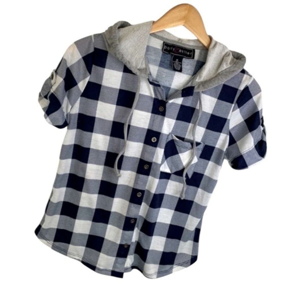 POLLY & ESTHER | Blue & White BUTTON DOWN HOODED SHORT SLEEVE SHIRT SIZE M